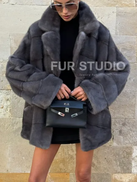 Короткая норковая шуба с английским воротником - цвет графит - фото 2