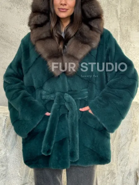Шуба норка кимоно - капюшон куница - фото 1