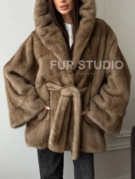 Норковая шуба пастель с капюшоном - фото 4