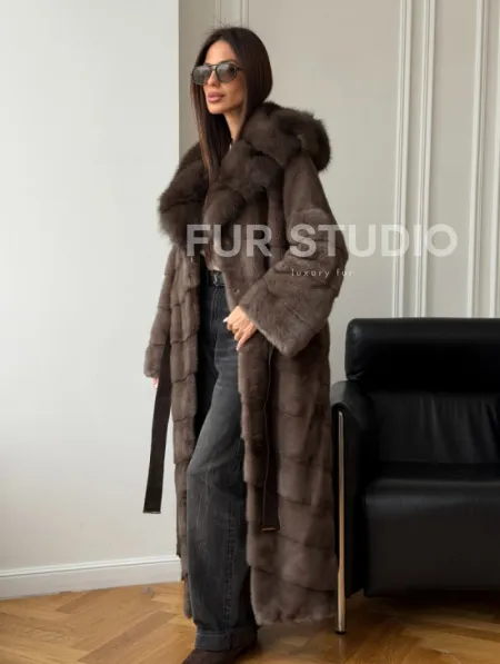 Шуба-кимоно с капюшоном куница - фото 11