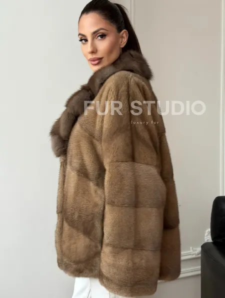 Норковый полушубок - воротник куница - фото 7