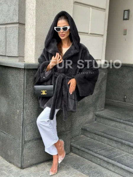 Норковая шуба с капюшоном цвет графит - фото 1