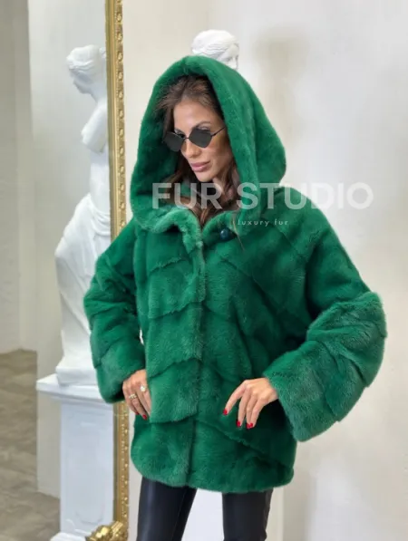 Норковый полушубок с капюшоном - цвет изумруд - фото 1