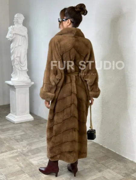 Длинная шуба карамель кимоно мех NAFA - фото 2