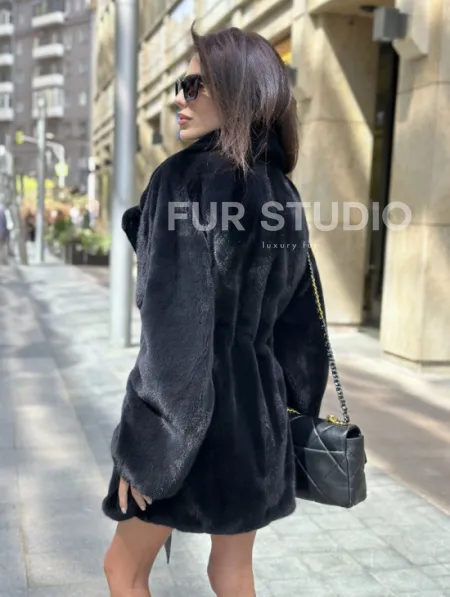 Шуба из плюшевой норки NAFA, роспуск - цвет черный изумруд - фото 2