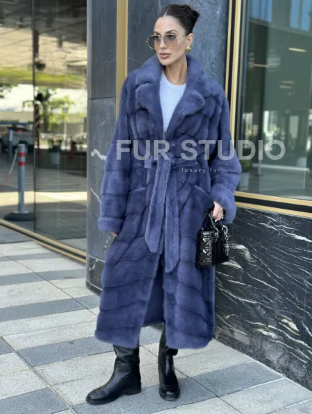 Норковая шуба с английским воротником - цвет джинс - фото 4