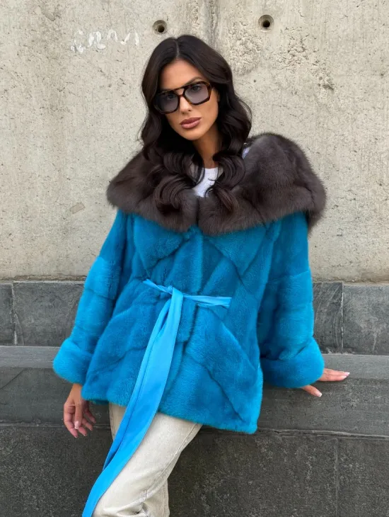 Норковый полушубок с капюшоном из меха куницы - цвет голубой - фото 8