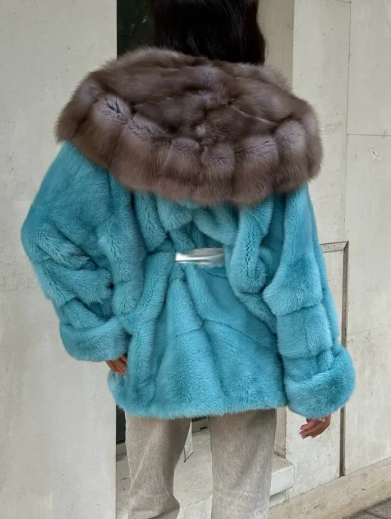 Шуба Autolady из норки с капюшоном из меха куницы - цвет тиффани - фото 6