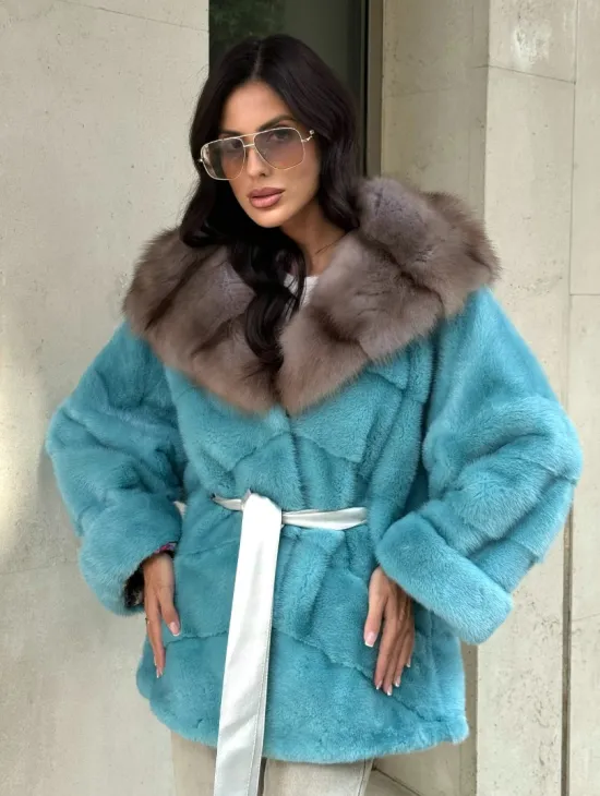 Шуба Autolady из норки с капюшоном из меха куницы - цвет тиффани - фото 9