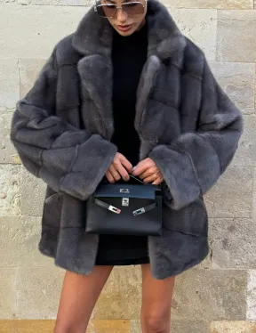 Короткая норковая шуба с английским воротником - цвет графит - фото 2