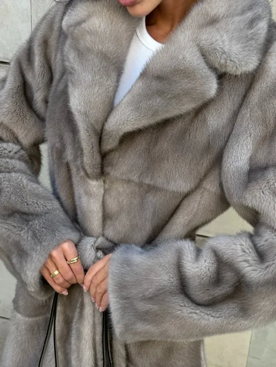 Норковая шуба цельный мех с поясом Luxury Line - цвет silver - фото 1