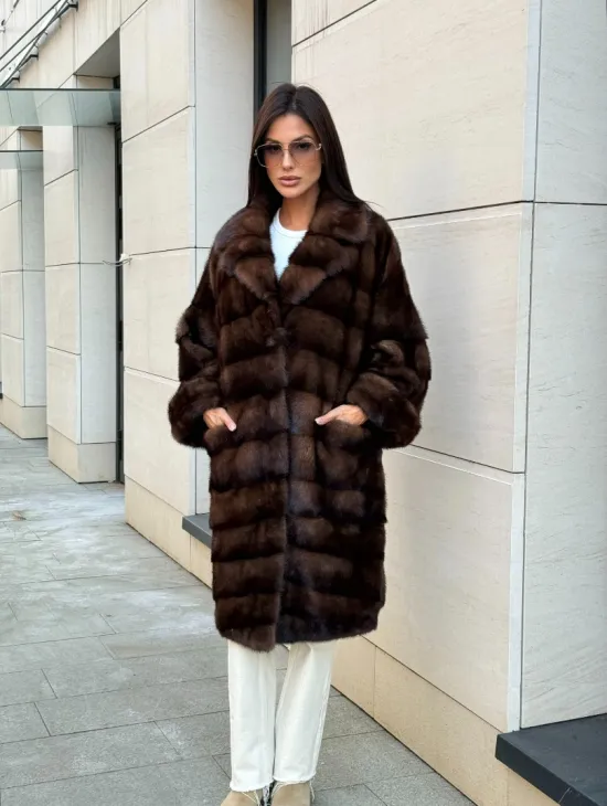 Шуба из меха соболиной норки английский воротник - цвет соболь - фото 7