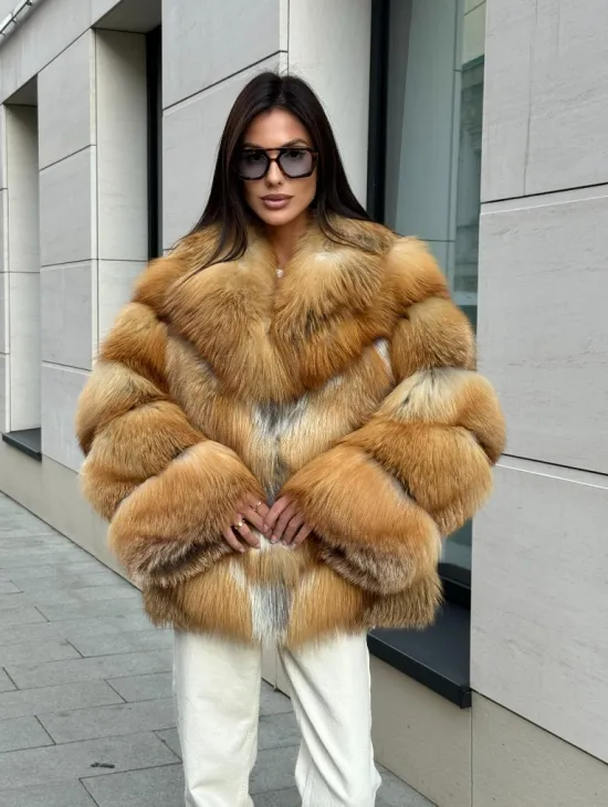 Шуба из меха рыжей лисы в натуральном цвете, паркетной раскладке - фото 6