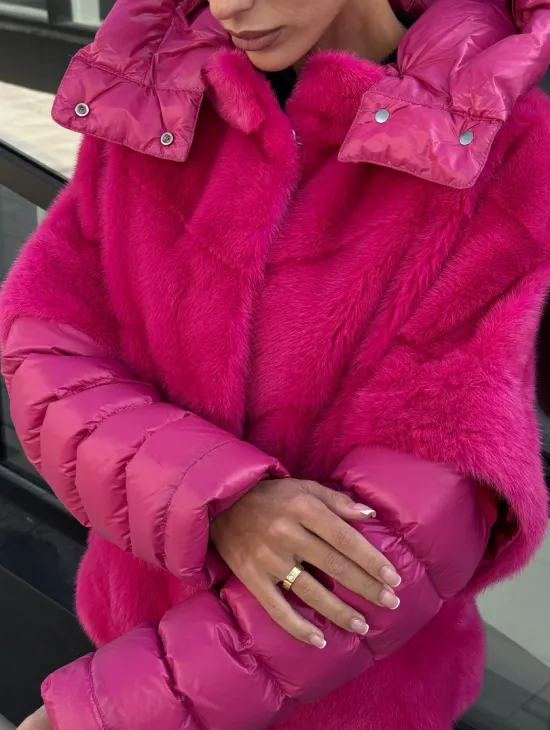 Норковая куртка трансформер 2в1 - цвет фуксия - фото 1