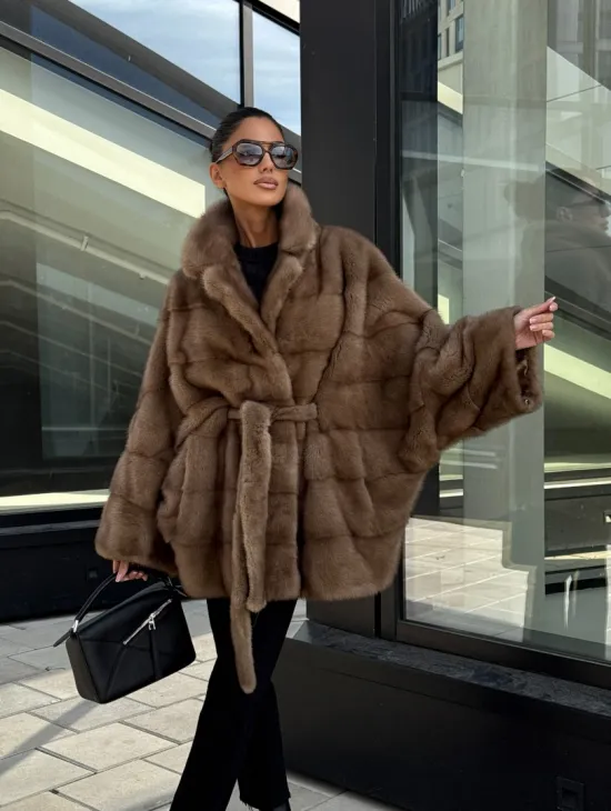 Шуба норковая летучая мышь английский воротник, оверсайз - цвет темный пастель - фото 10