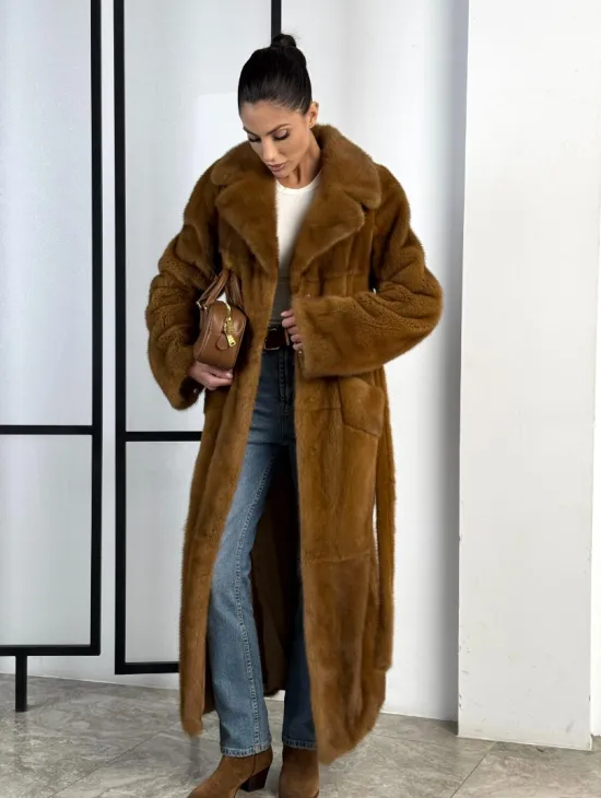 Классическая длинная норковая шуба под пояс - английский воротник - фото 10