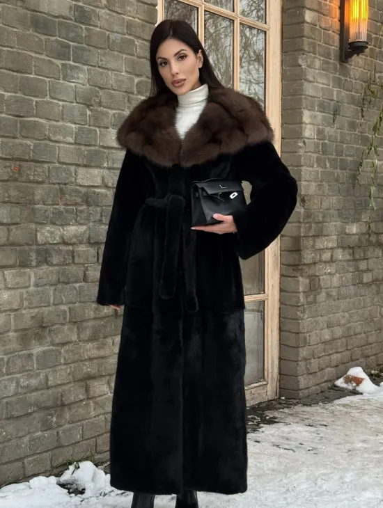 Длинная норковая шуба из норки Blackglama с капюшоном из меха куницы - фото 5