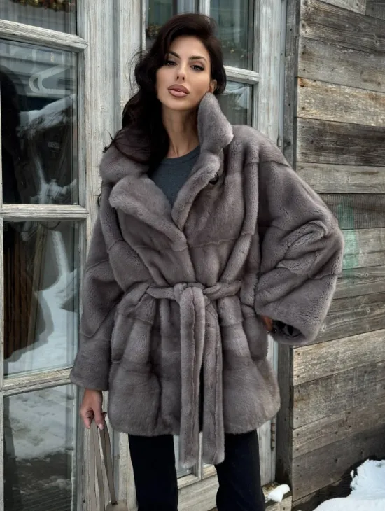 Норковая шуба в цвете графит с английским воротником - Летучая мышь - фото 3