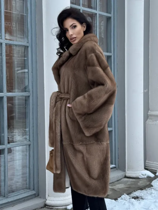 Плюшевая норковая шуба - кимоно с английским воротником - фото 4