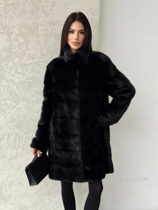 Норковая шуба в черном цвете воротник стойка - фото 6