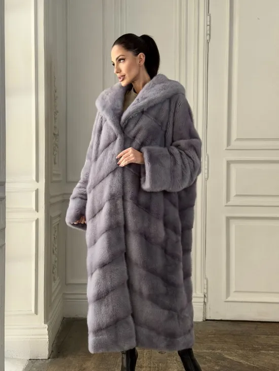 Длинная голубая норковая шуба с капюшоном PLUS SIZE - фото 7