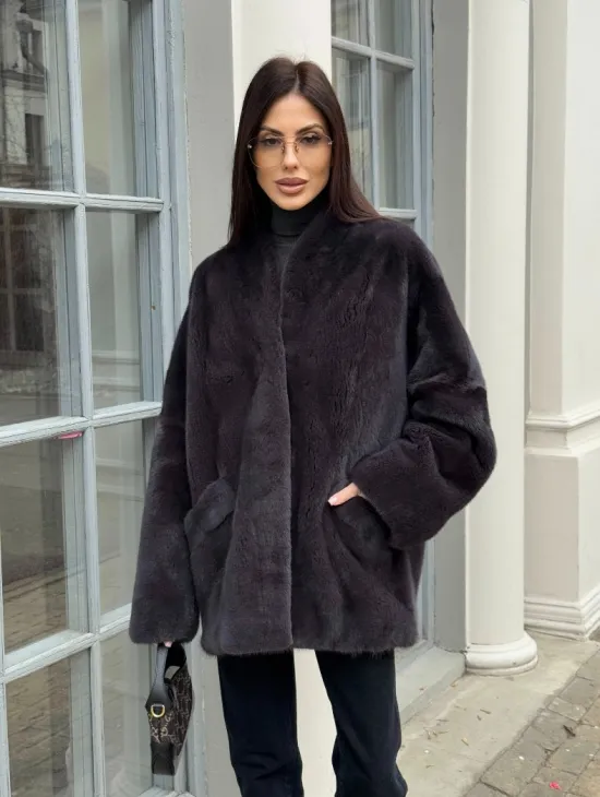 Графитовый норковый жакет с V-образным воротником - фото 6