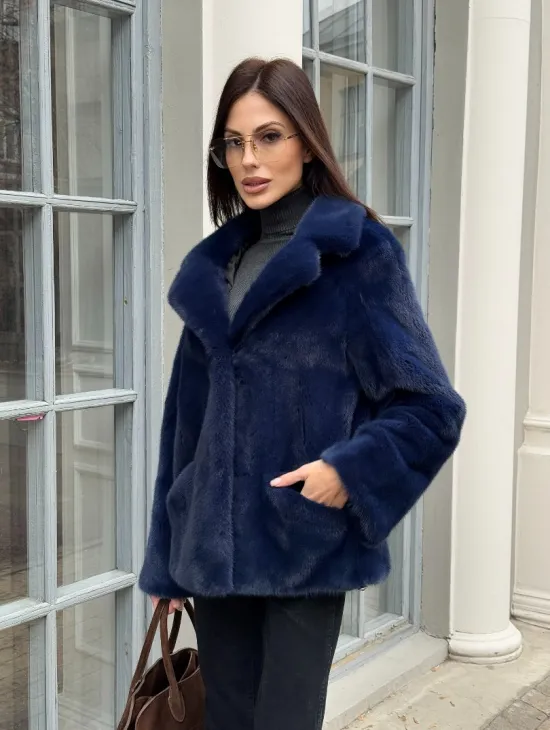 Синий норковый полушубок с английским воротником - фото 8