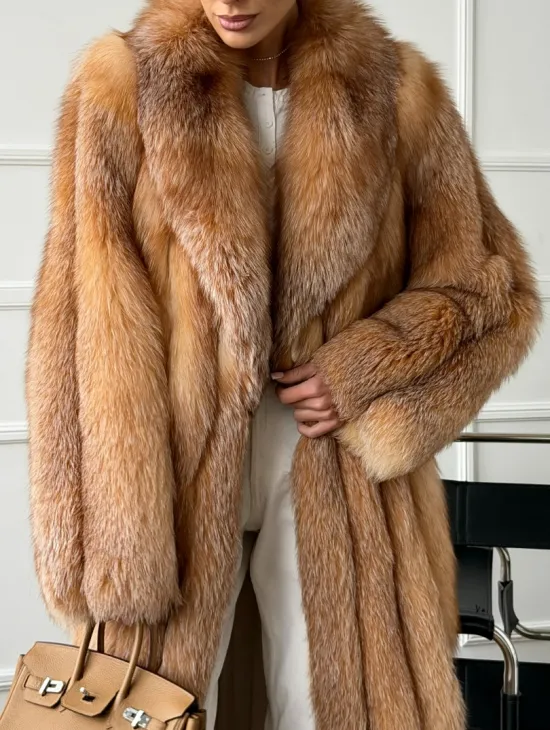 Длинная шуба из меха лисы Vintage gold с шалевым воротником - фото 1