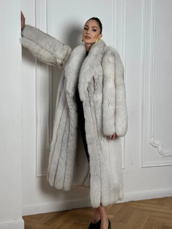 Длинная шуба из меха финского песца VINTAGE - колотый лёд - фото 11