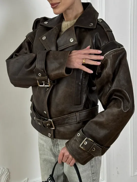 Женская косуха - жилет 2в1 трансформер из натуральной винтажной кожи - фото 1