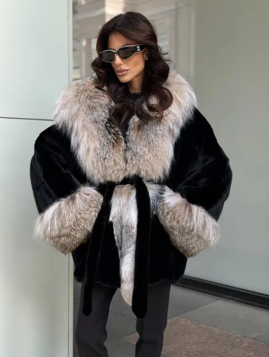 Черная норковая шуба PREMIUM COLLECTION с отделкой из меха канадской рыси - фото 4