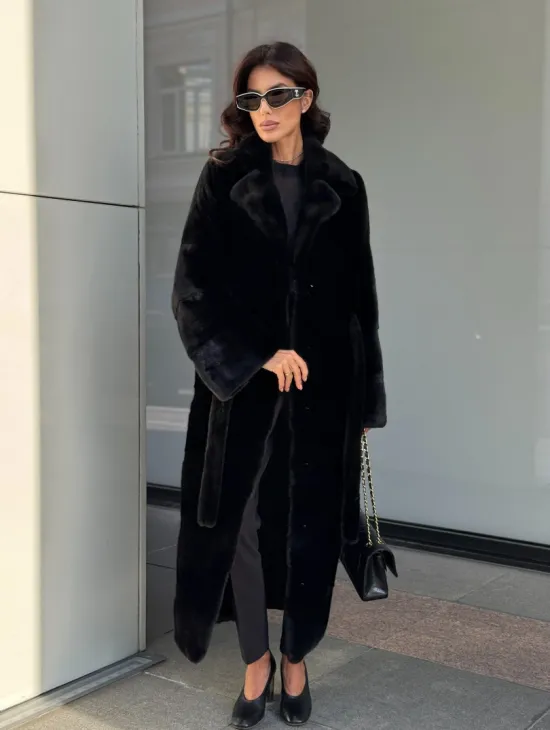 Удлиненная черная шуба с поясом из скандинавской норки - фото 10