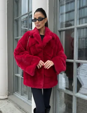 Полушубок норковый в гранатовом оттенке - фото 0