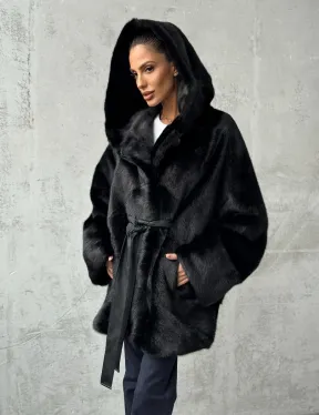 Полушубок черный норковый с капюшоном - фото 10