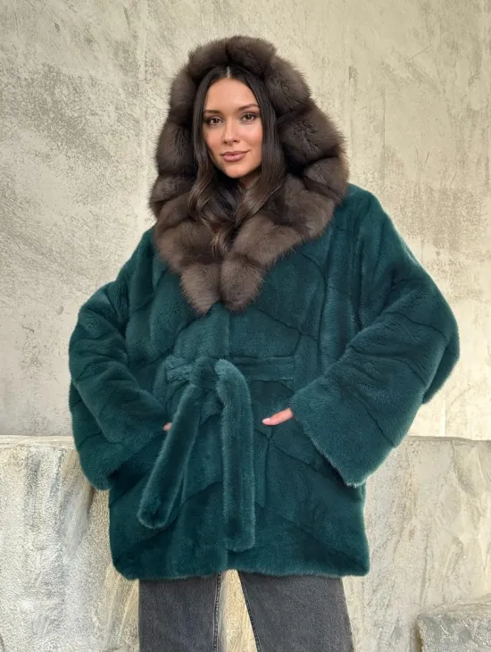 Шуба норка кимоно - капюшон куница - фото 7