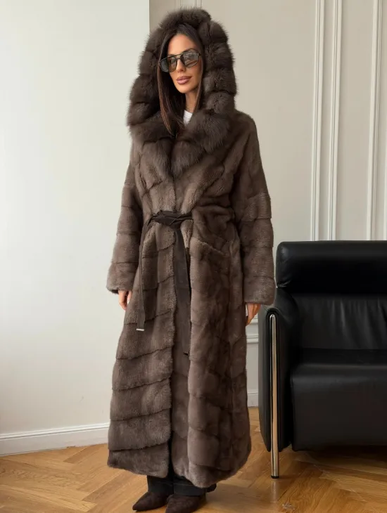 Шуба-кимоно с капюшоном куница - фото 7