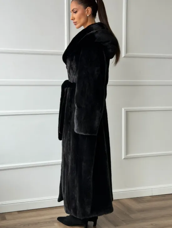 Чёрная норковая шуба модель «кимоно» с капюшоном кобра - фото 2