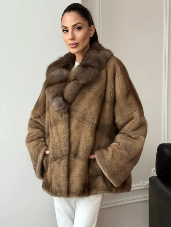 Норковый полушубок - воротник куница - фото 0