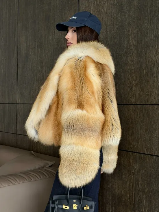 Полушубок-кроп с большим шалевым воротником из меха лисы Golden Sunrise - фото 6