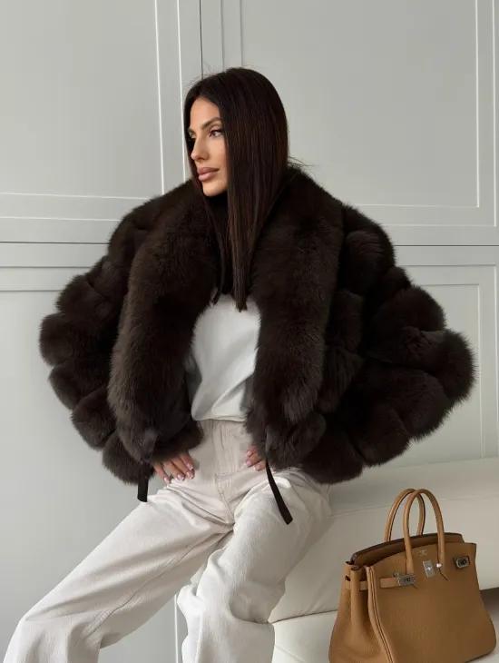 Полушубок-кроп из песца с шалевым воротником - фото 14