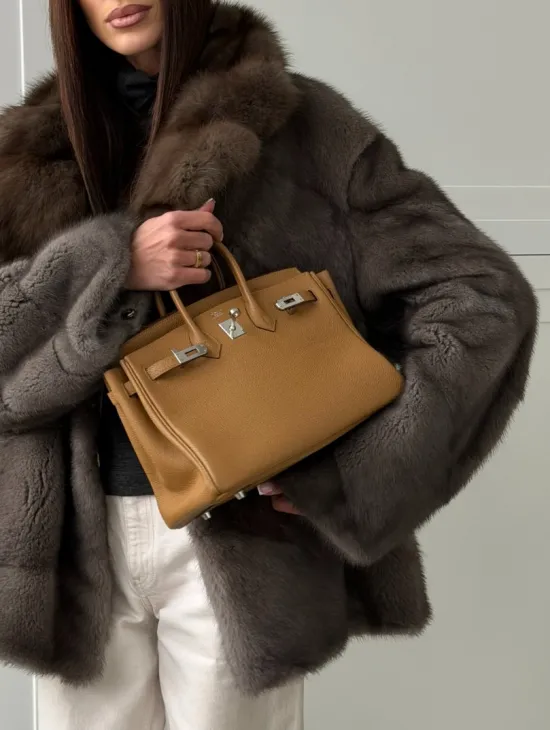 Шуба норковая автоледи - воротник куница (серый) - фото 1