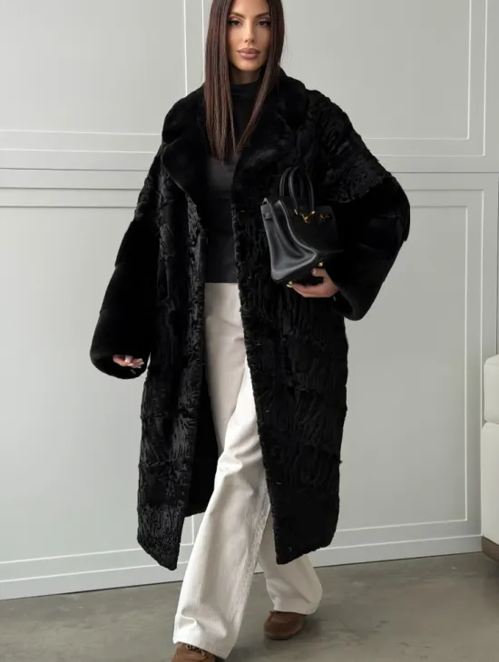 Черная шуба из каракуля с норкой - фото 4