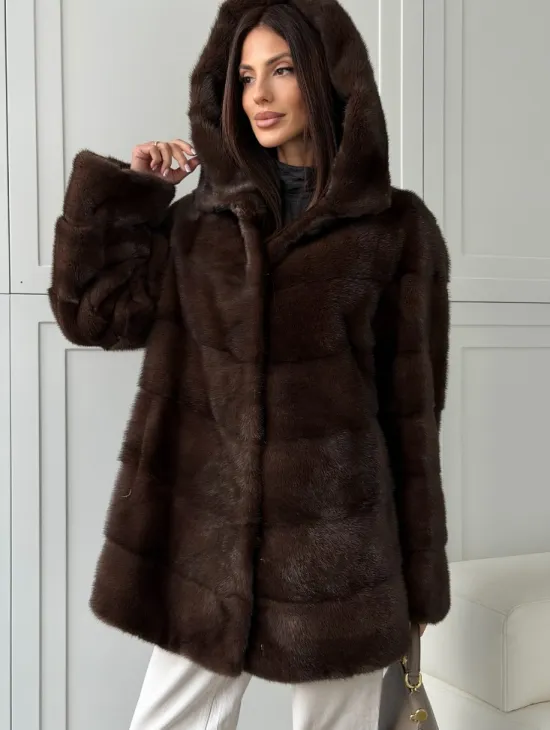 Норковая шуба в стиле «рубашка» с капюшоном - фото 3