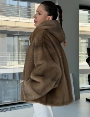 Женский норковый полушубок с капюшоном - фото 6