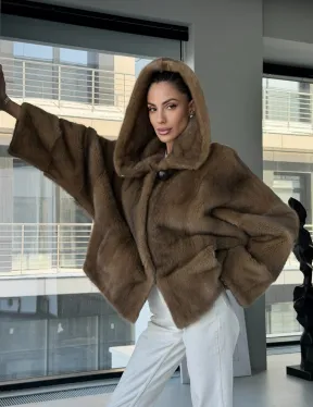 Женский норковый полушубок с капюшоном - фото 18