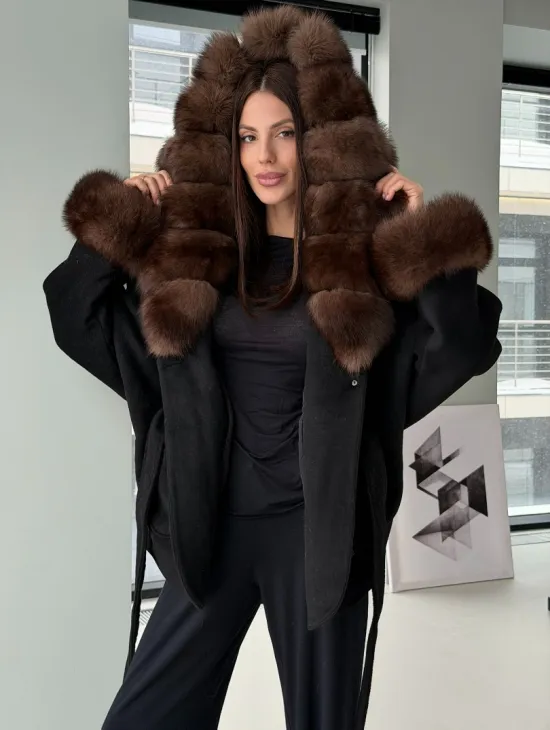 Пальто с капюшоном из финского песца - фото 6