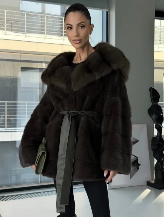 Норковое пончо шуба с капюшоном из меха куницы dark olive - фото 4