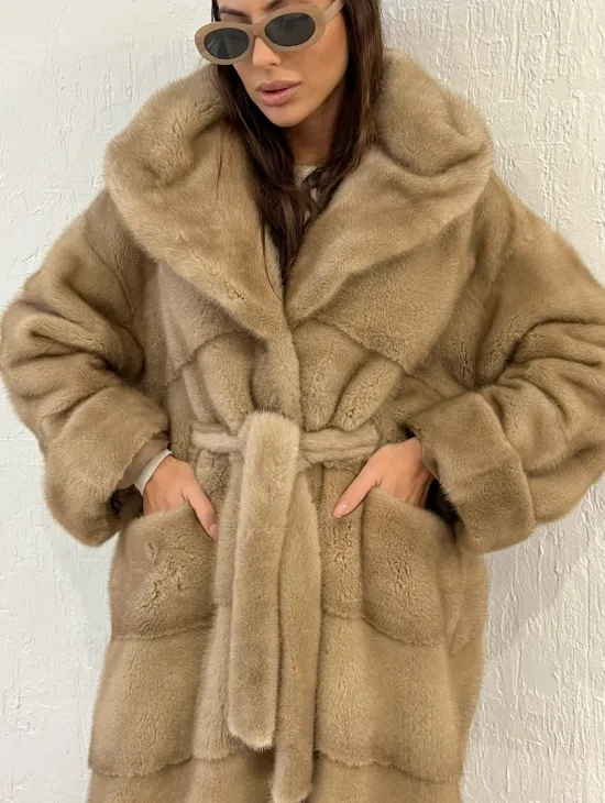 Удлиненная норковая шуба NAFA с капюшоном - цвет пастель - фото 2