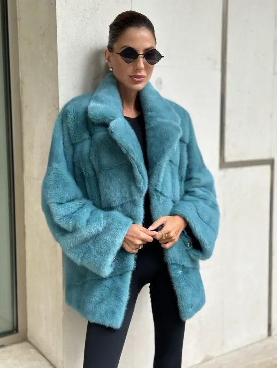 Шуба из норки с английским воротником - цвет тиффани - фото 1