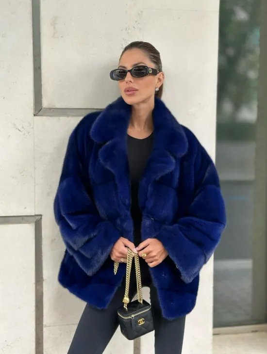 Норковая велюровая шуба  - автоледи в синем цвете - фото 3